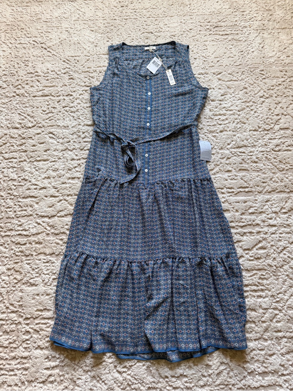 Max Studio Blue Printed Sleeveless Tiered Button-Front Maxi Dress with Waist Tie
